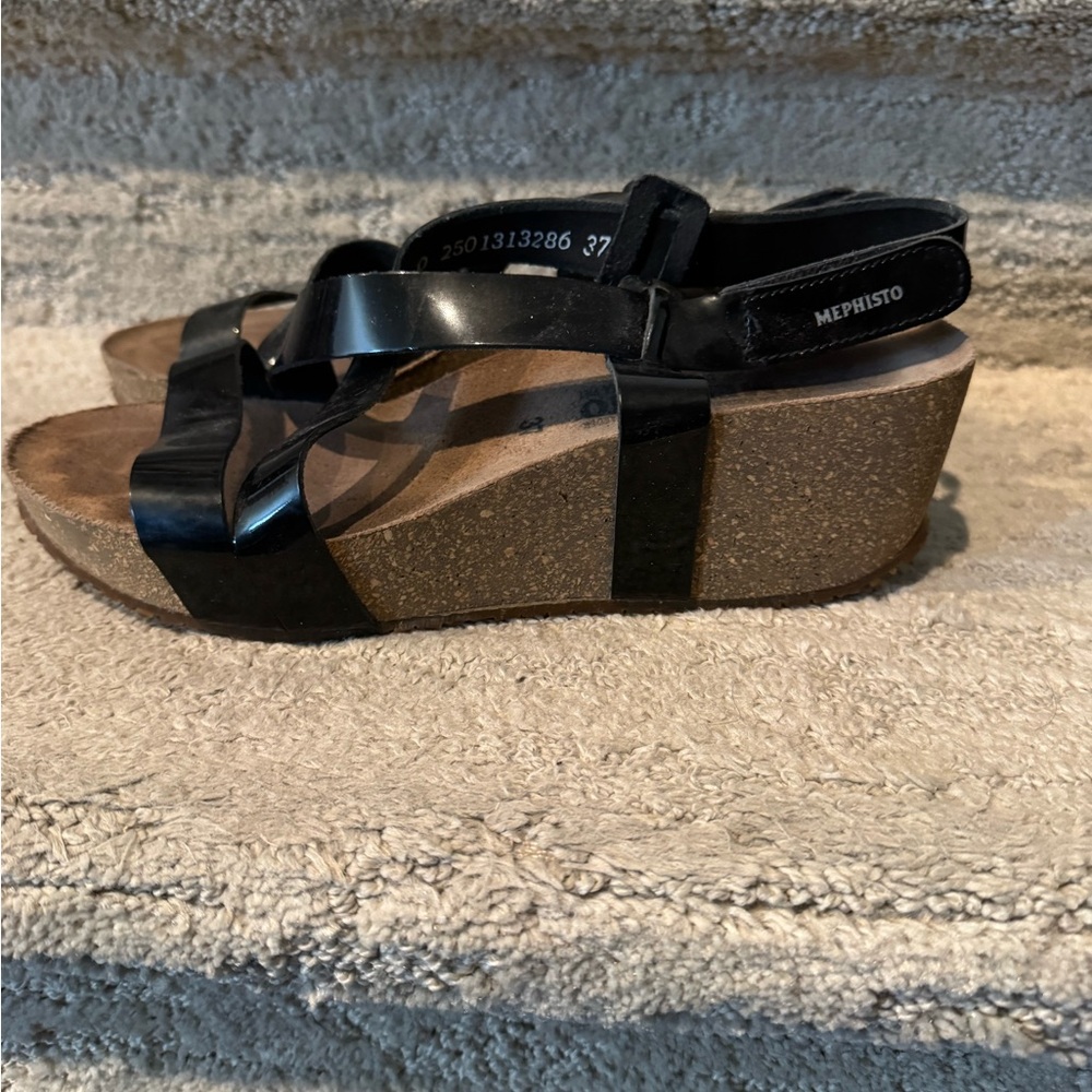 Mephisto Black Wedge Sandals with Cork-Look Platform